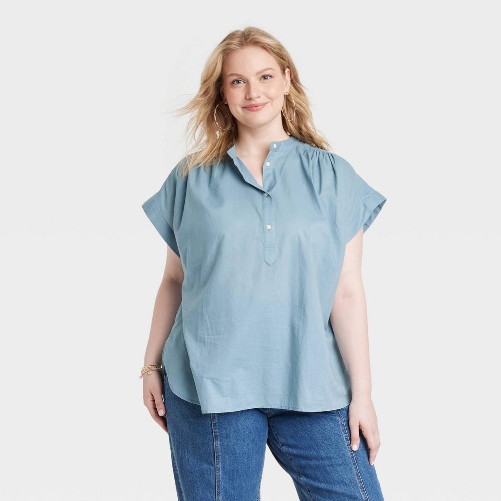 Womens Popover Short Sleeve Blouse - Universal Thread Blue XXL Product Image