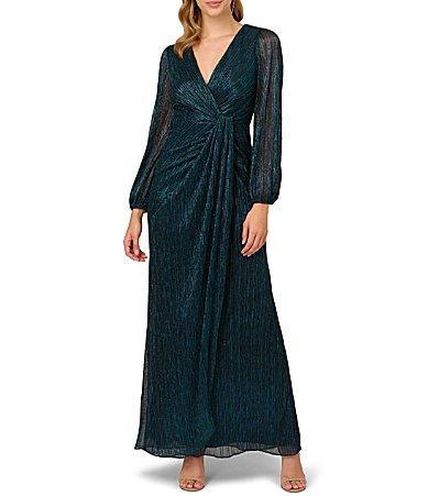 Adrianna Papell Metallic Long Sleeve Surplice V-Neck Ruched Detailed Draped Gown Product Image