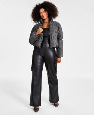 Bar Iii Womens Sparkle Cropped Puffer Jacket Faux Leather Strapless Cargo Pocket Jumpsuit Created For Macys Product Image