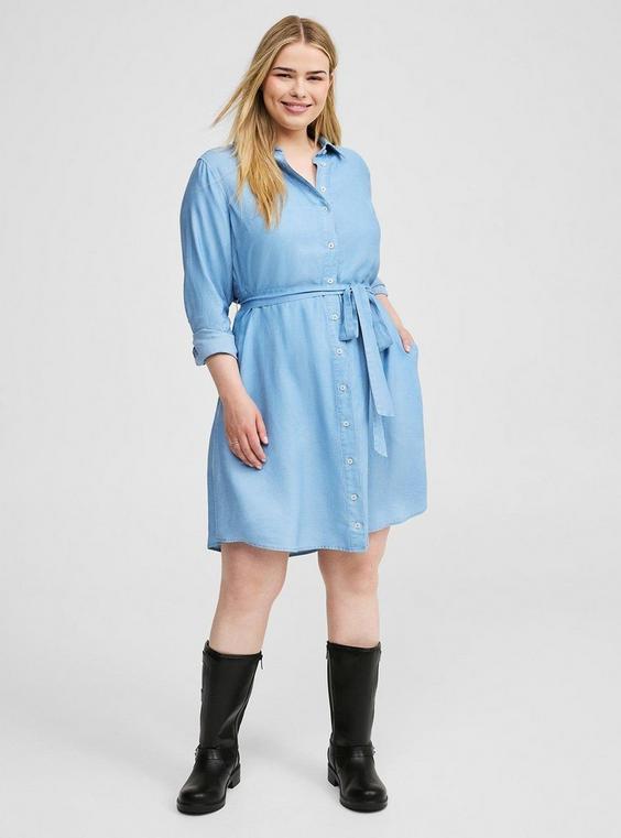 Mini Chambray Long Sleeve Button Front Tie Shirt Dress Product Image