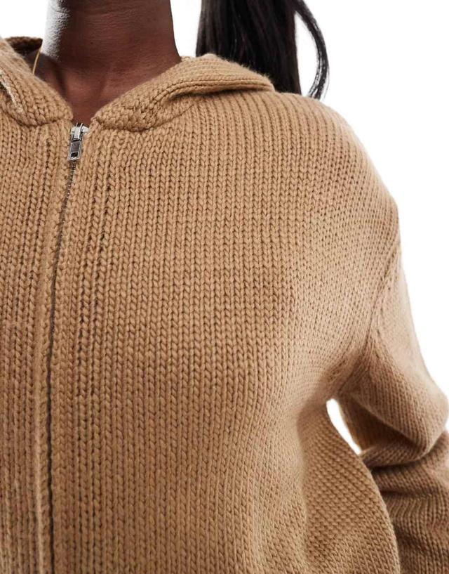 Aria Cove cropped knitted zip through hoodie in camel Product Image