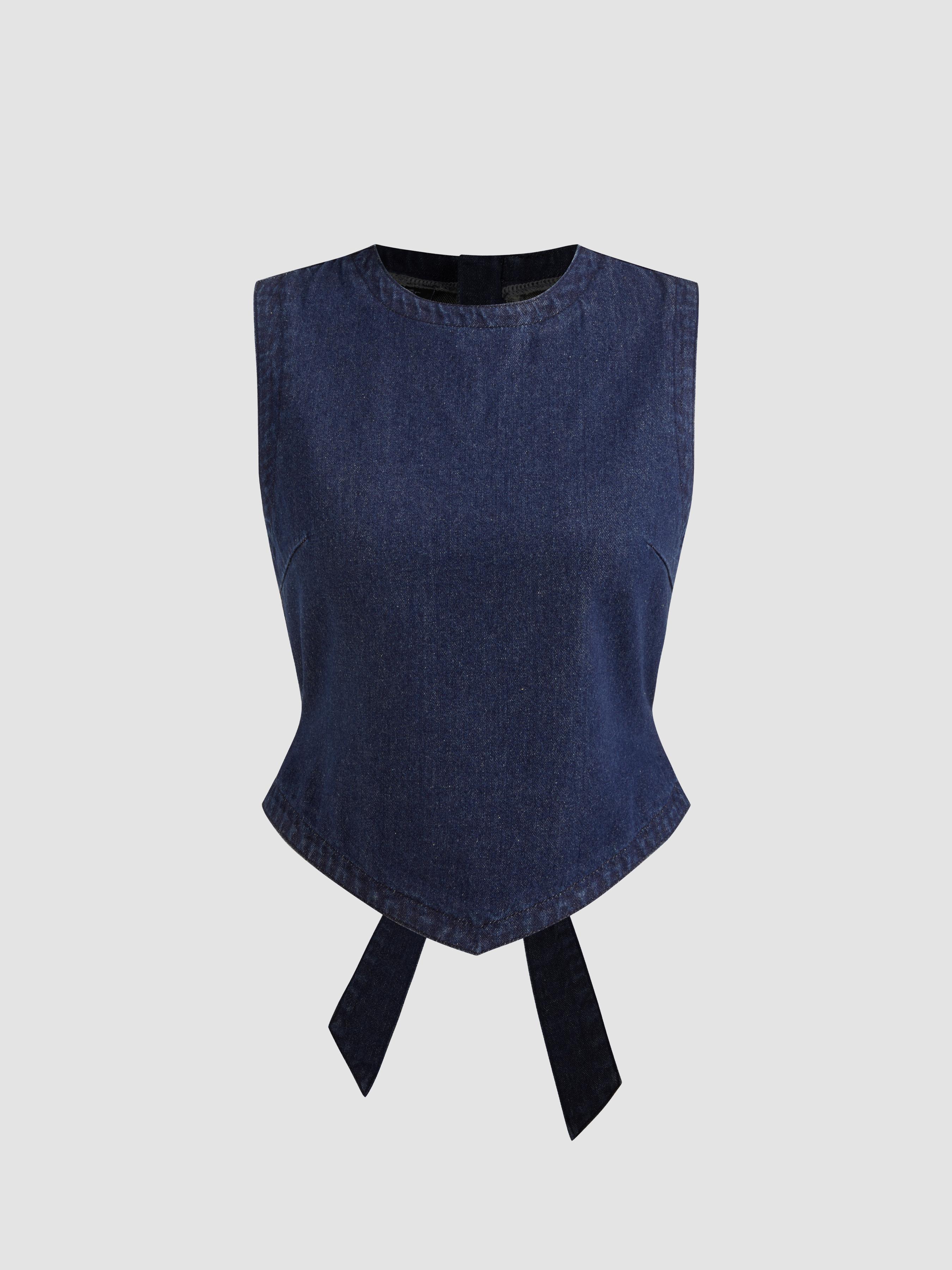 Denim Round Neckline Solid Zipper Knotted Tank Top Product Image