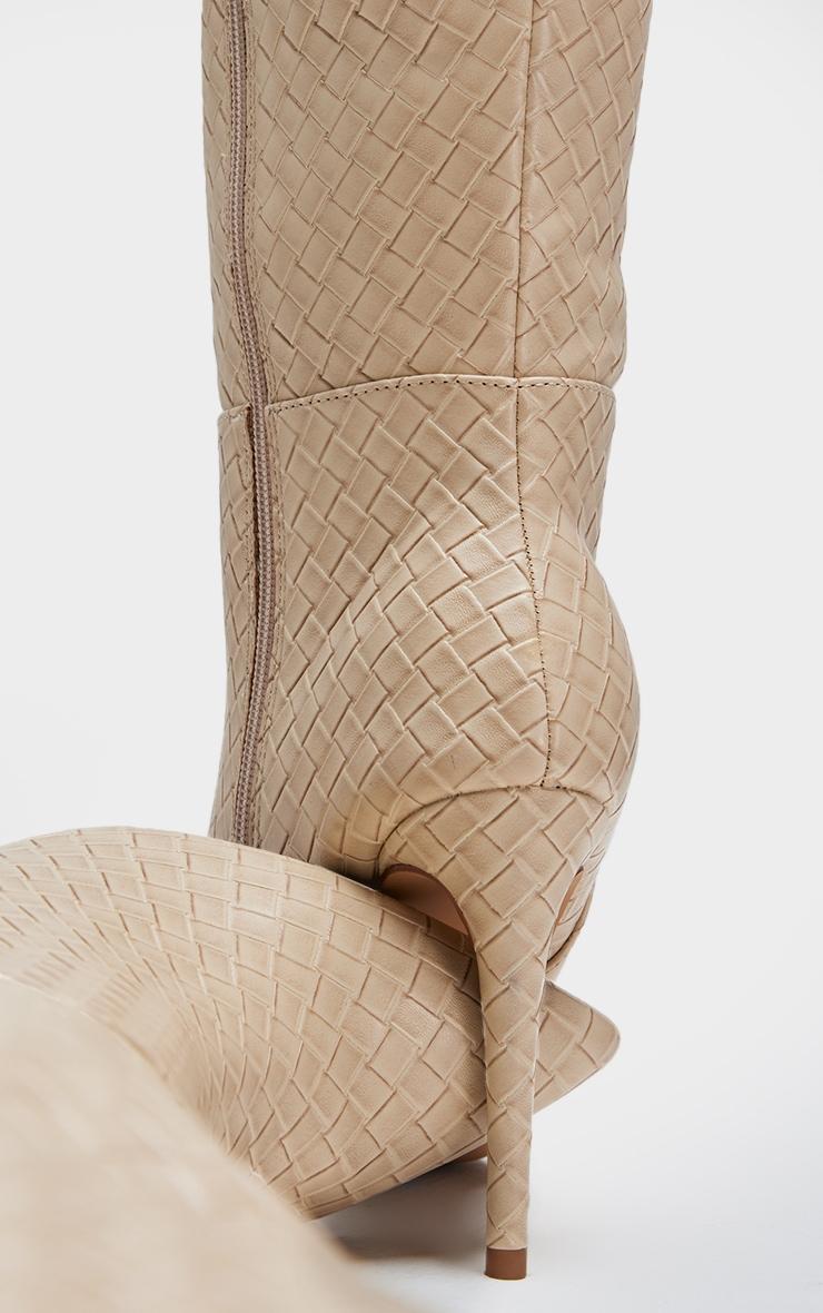 Cream Wide Fit Weave Pu Point Toe Over The Knee Heeled Boots Product Image