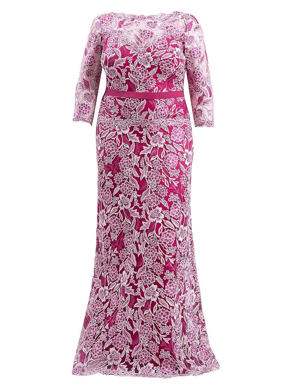 Womens Three-Quarter-Sleeved Embroidered Lace Gown Product Image