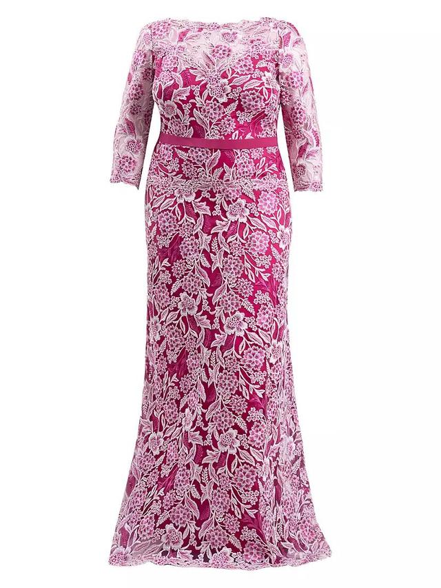 Plus Three-Quarter-Sleeved Embroidered Lace Gown Product Image