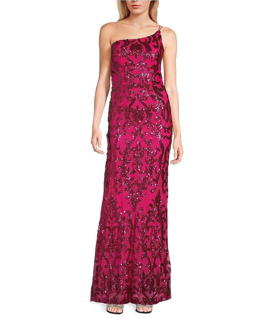 B. Darlin One Shoulder Pattern Sequin Strappy Back Long Dress Product Image