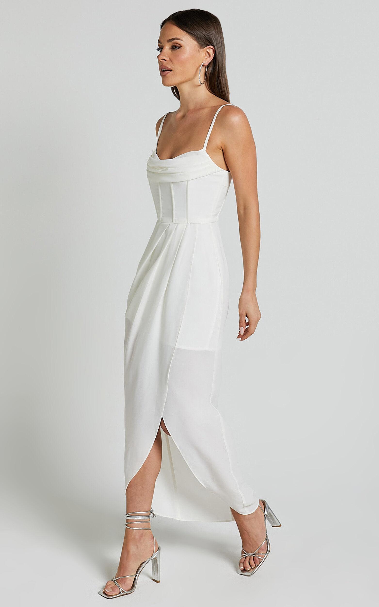 Andrina Midi Dress - High Low Wrap Corset Dress in White Product Image