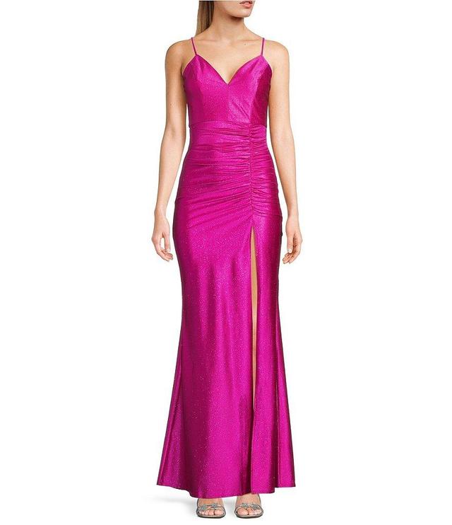 Honey and Rosie Spaghetti Strap V-Neck Ruched Slit Metallic Glitter Satin Long Dress Product Image