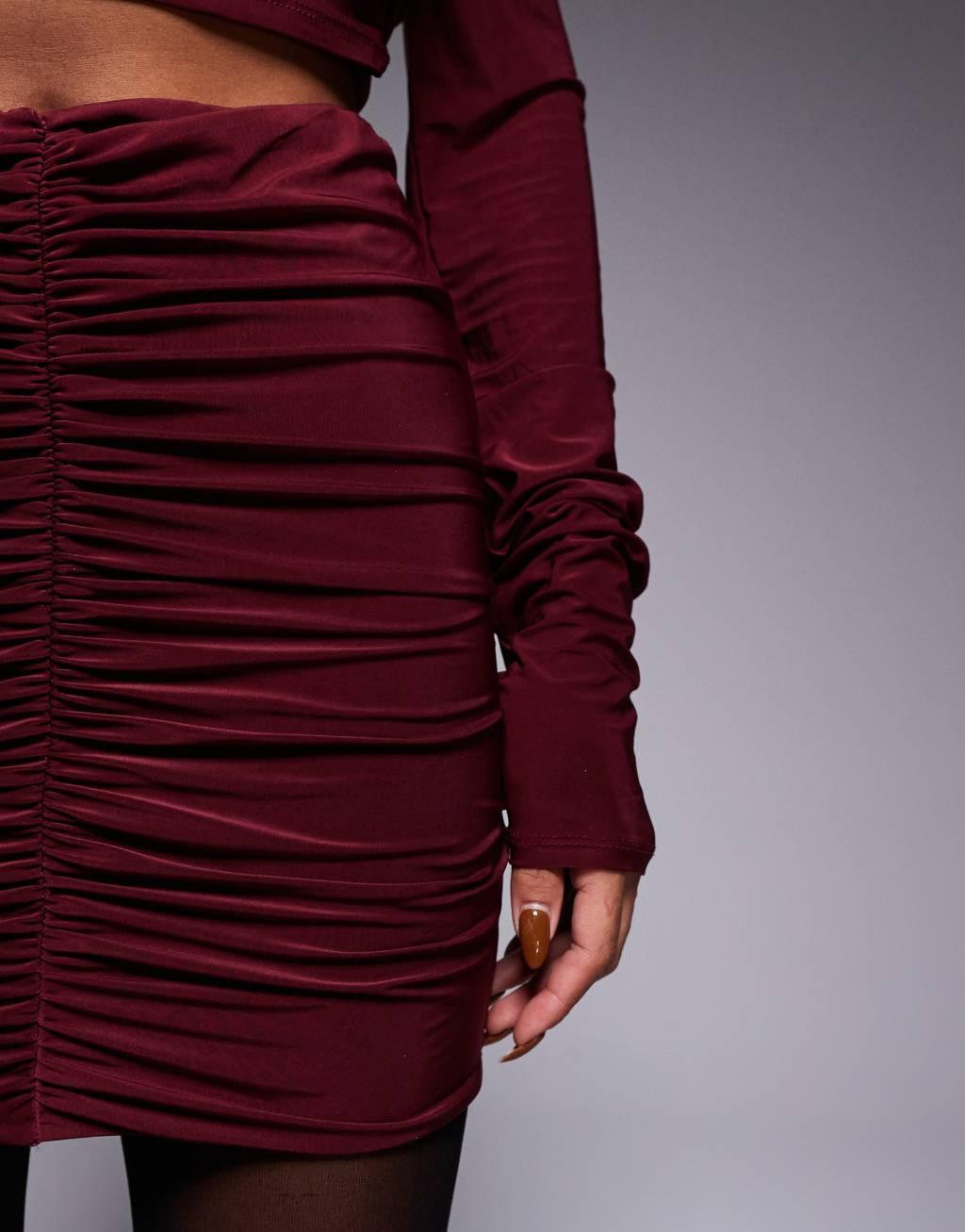 ASOS DESIGN slinky ruched front mini skirt in burgundy - part of a set Product Image