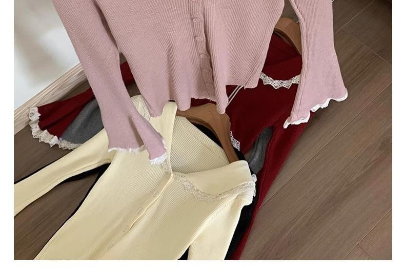 Long-Sleeve Collar Ribbed Lace Trim Button Knit Top Product Image