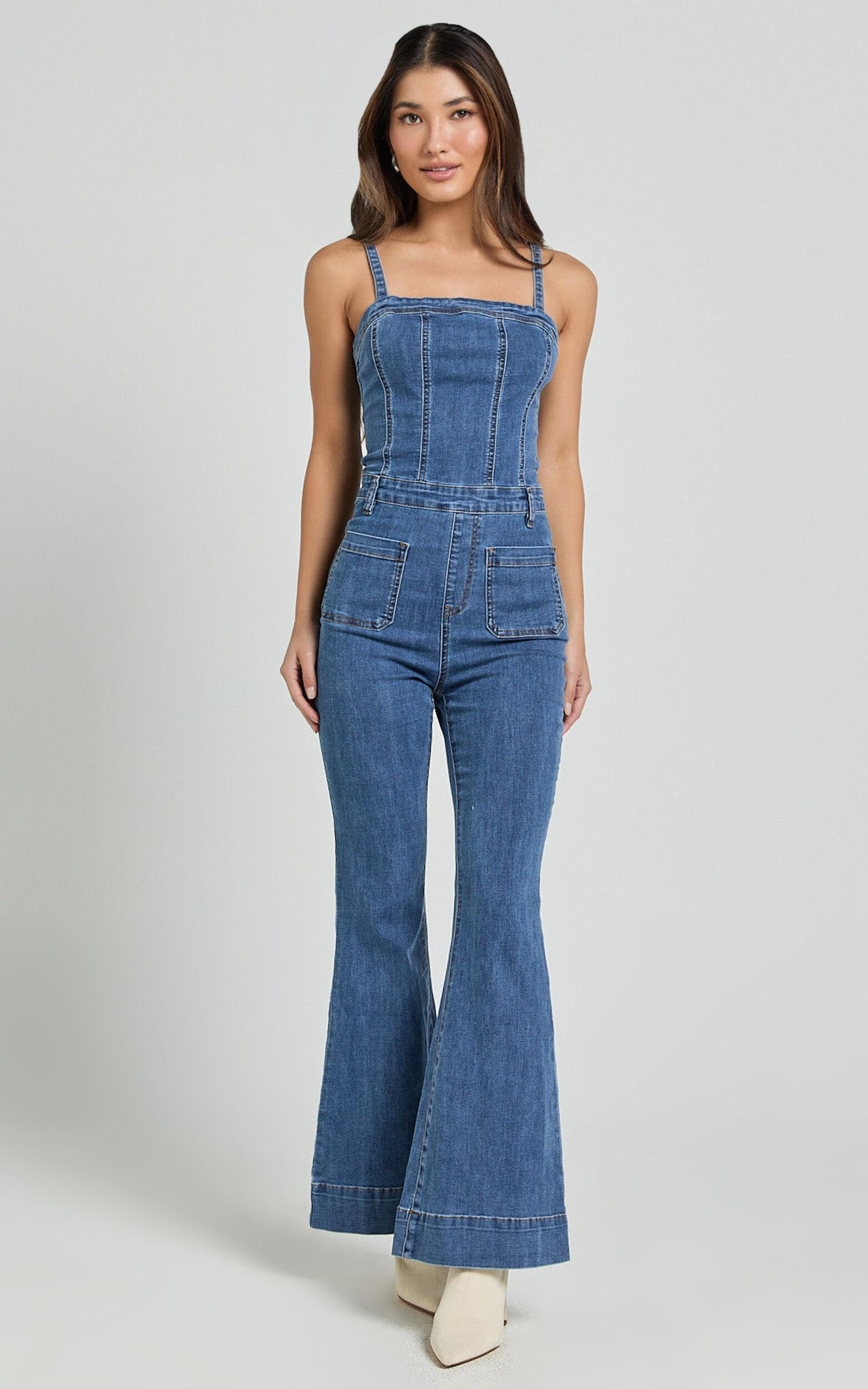 Joey Jumpsuit - Panelled Cami Flared Bottom Denim Jumpsuit in Dark Blue Wash Product Image