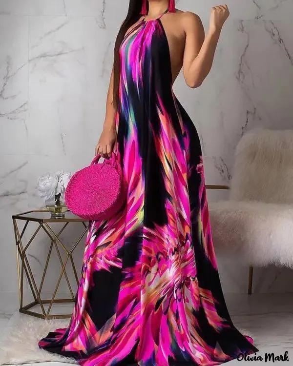 Olivia Mark – Colorful Print Halter Neck Maxi Dress Product Image