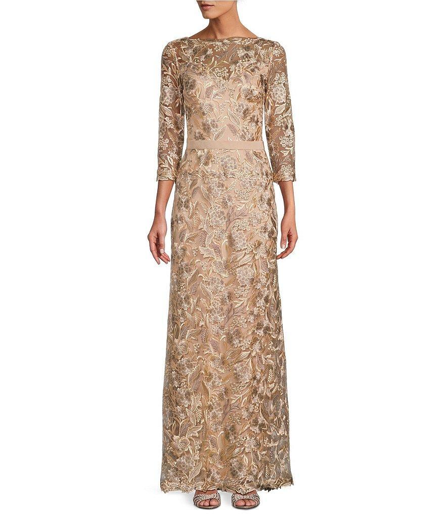 Tadashi Shoji Embroidered Boat Neck 3/4 Sleeve Long Sleeve Gown Product Image