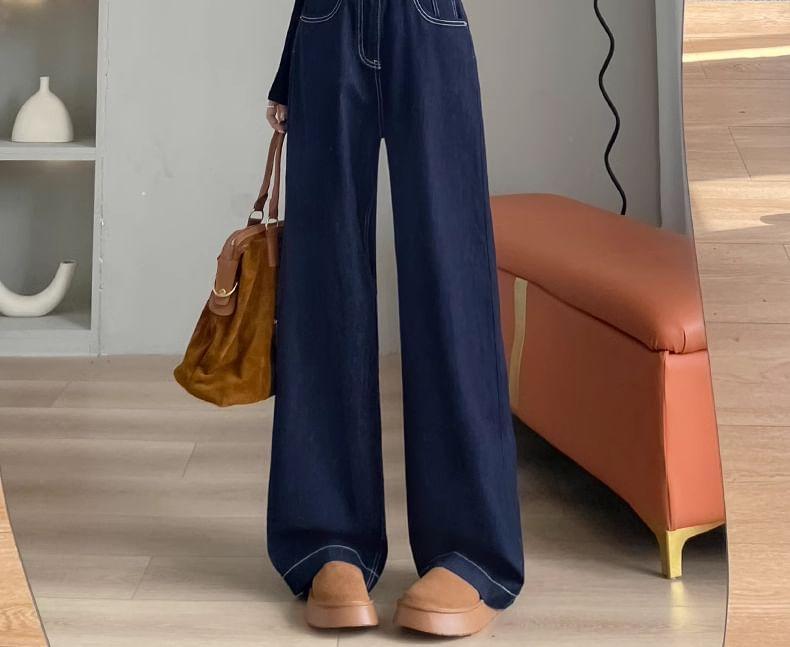 High Rise Washed Fleece-Lined Wide Leg Jeans Product Image