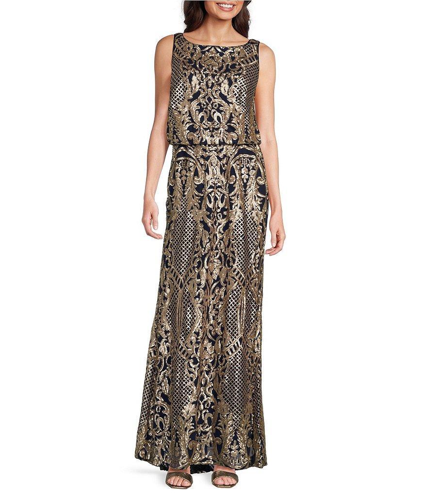 R & M Richards Sleeveless Crew Neck Embroidered Sequin Blouson Dress Product Image