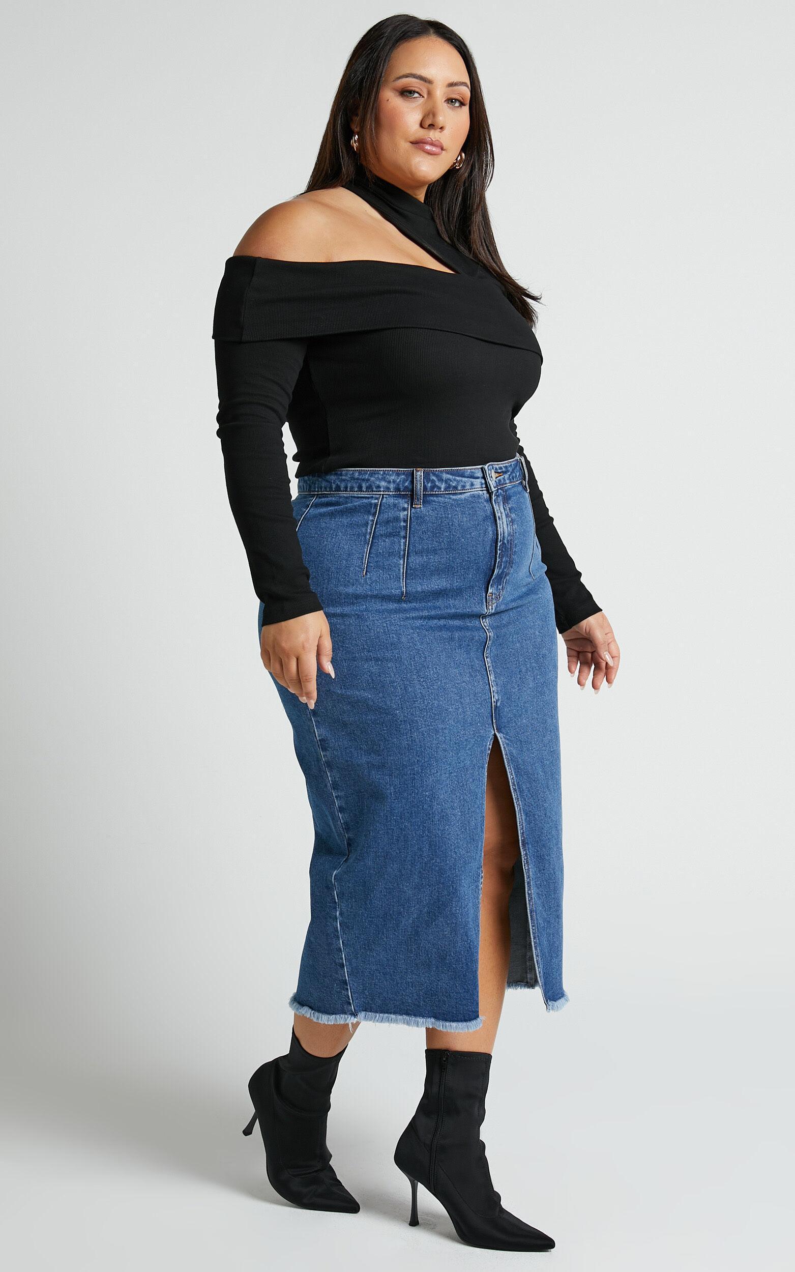 Janeve Midi Skirt - Front Split Denim Skirt in Dark Blue Product Image