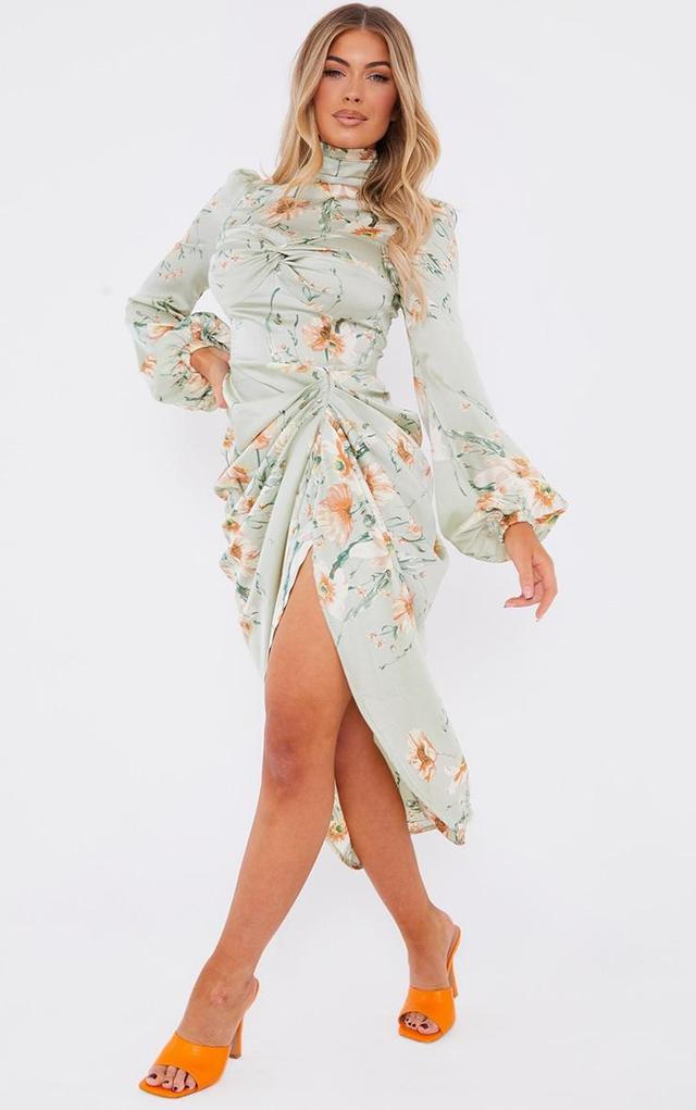 Sage Green Floral Twist Bust Draped Midi Dress Product Image