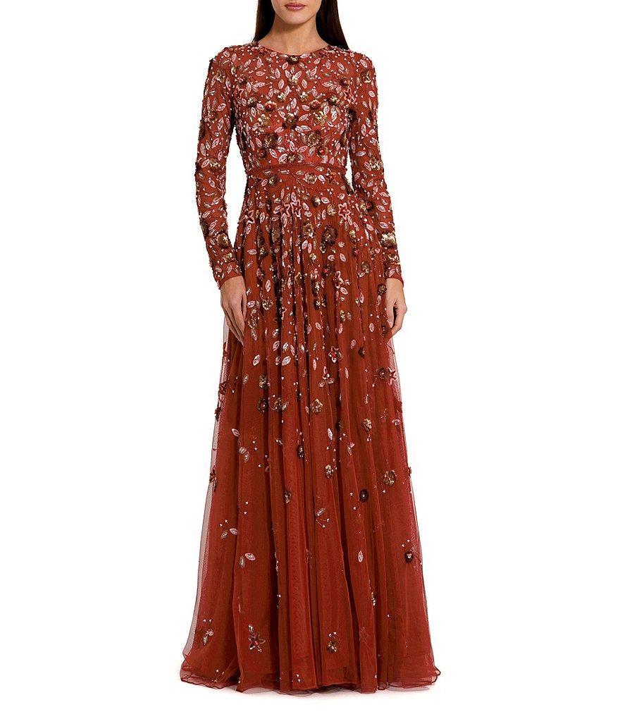 Mac Duggal Floral Beaded Crew Neck Long Sleeve Pleated Chiffon Gown Product Image