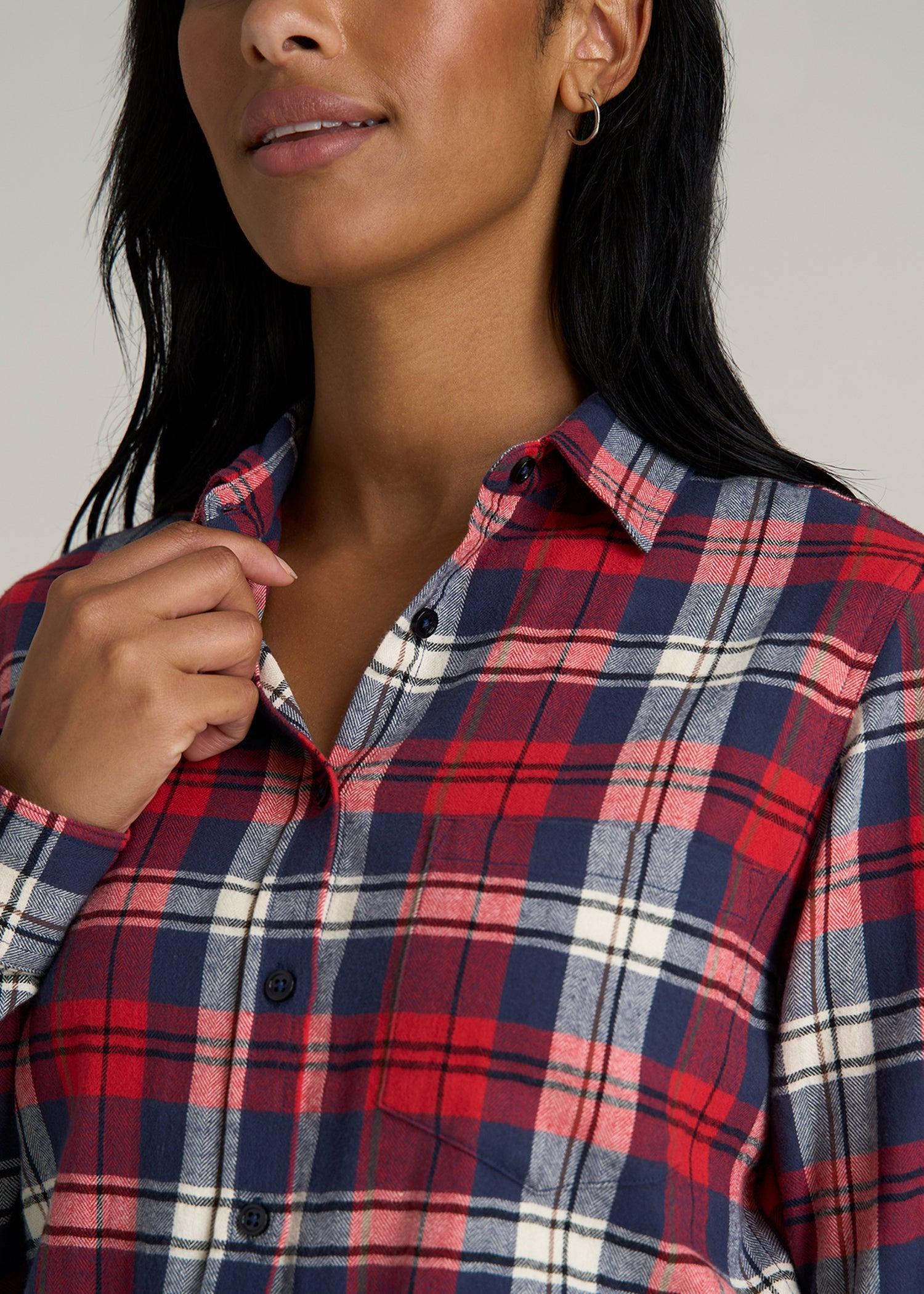 Flannel Button-Up Shirt for Tall Women in Rich Red Plaid Female Product Image