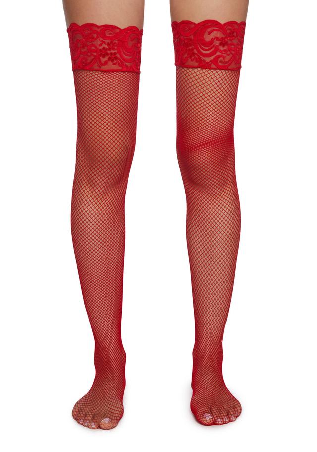 Stretchy Fishnet Lace Thigh High Tights - Red Product Image