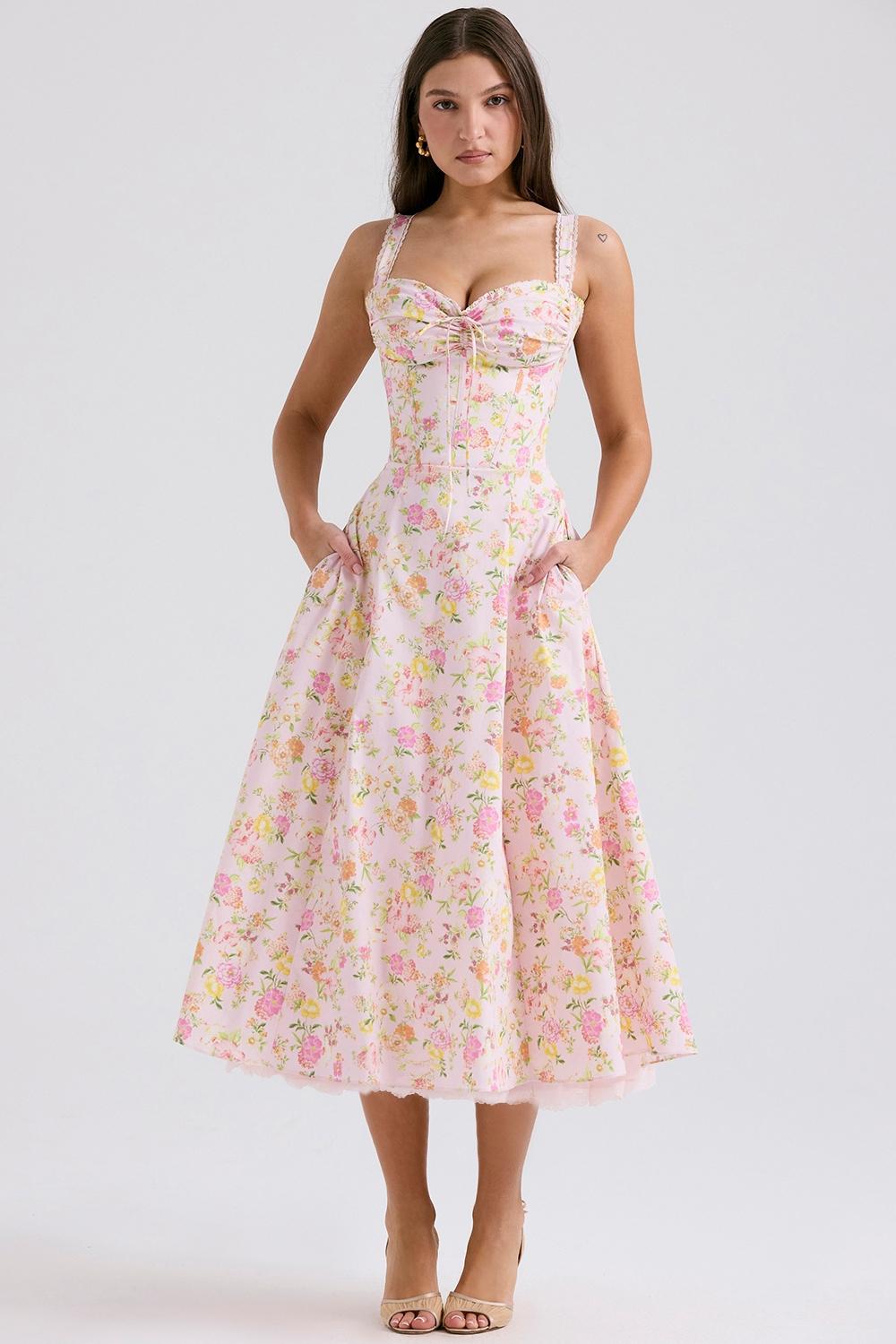 Rosalee Pink Meadow Print Cotton Bustier Sundress Product Image