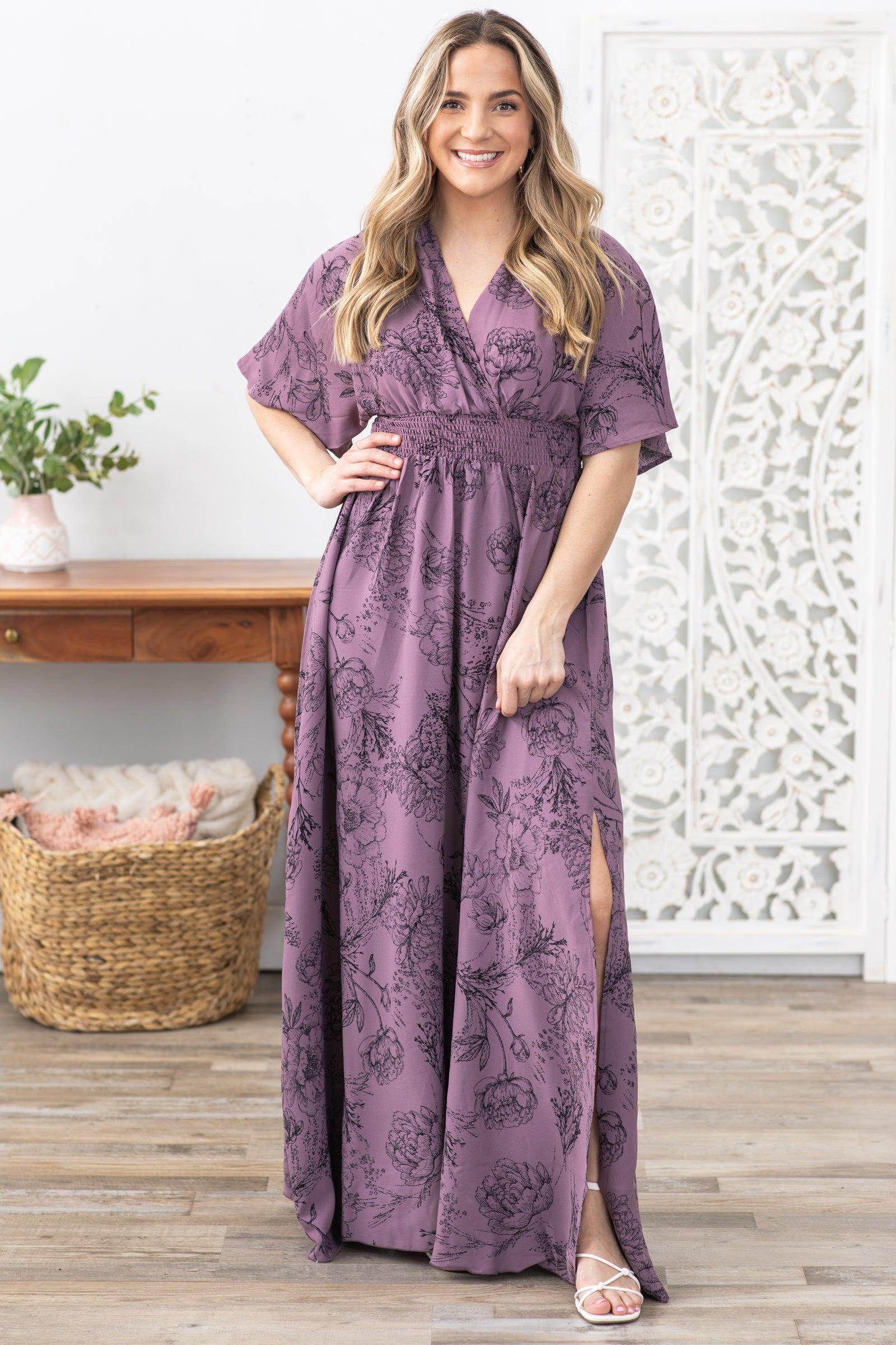 Mauve Blouse Floral Waist Band Maxi Dress Product Image