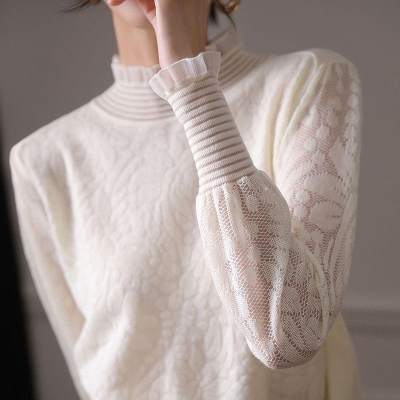 Puff-Sleeve High Neck Ruffled Patterned Knit Top Product Image