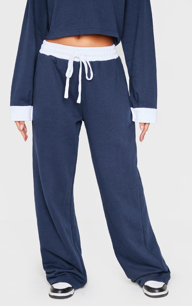 Navy Contrast Panel Wide Leg Sweatpants Product Image