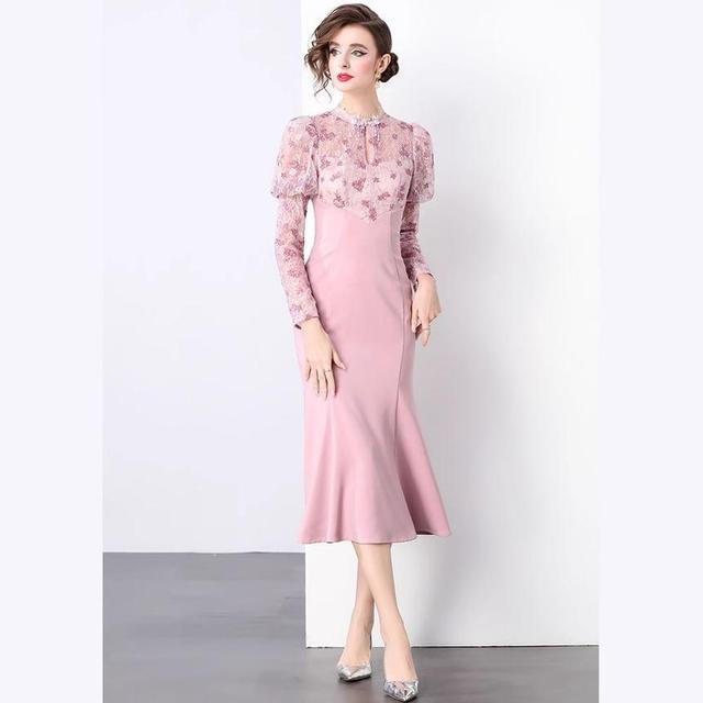 Long Sleeve Mock Neck Floral Patterned Keyhole Panel Lace Midi Mermaid Dress Product Image