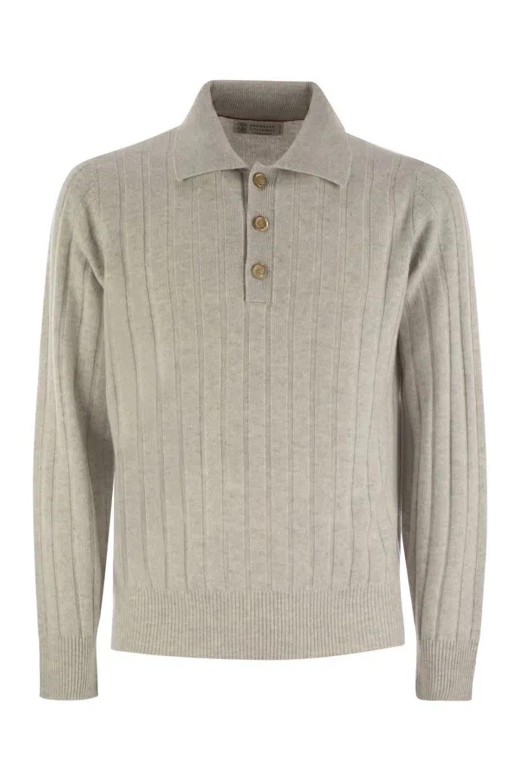 BRUNELLO CUCINELLI Cashmere Knit Polo Shirt In Fog Product Image