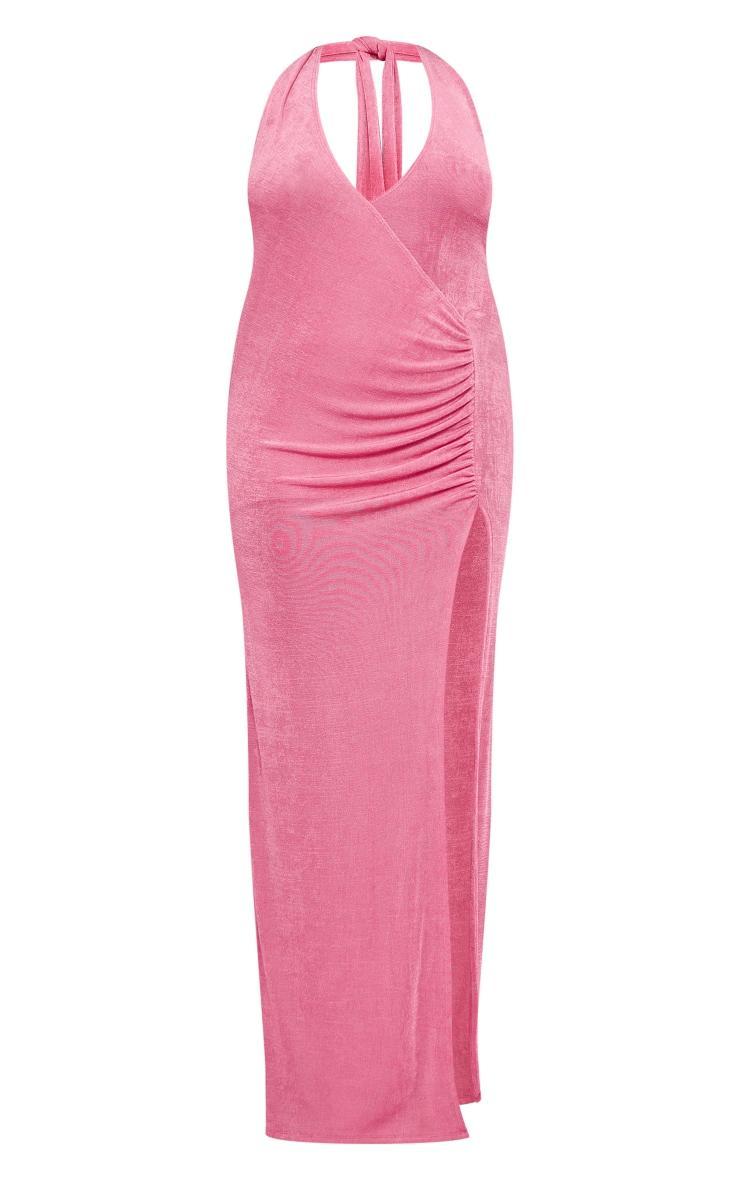 Plus Pink Accetate Slinky Plunge Halterneck Maxi Dress Product Image