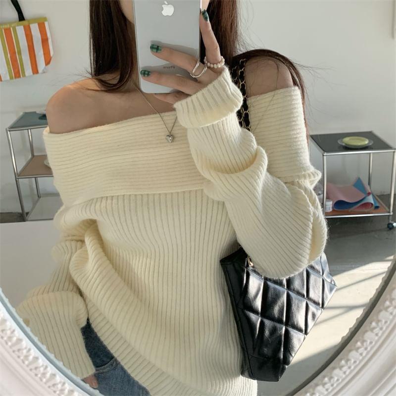 Off-Shoulder Ribbed Sweater Product Image