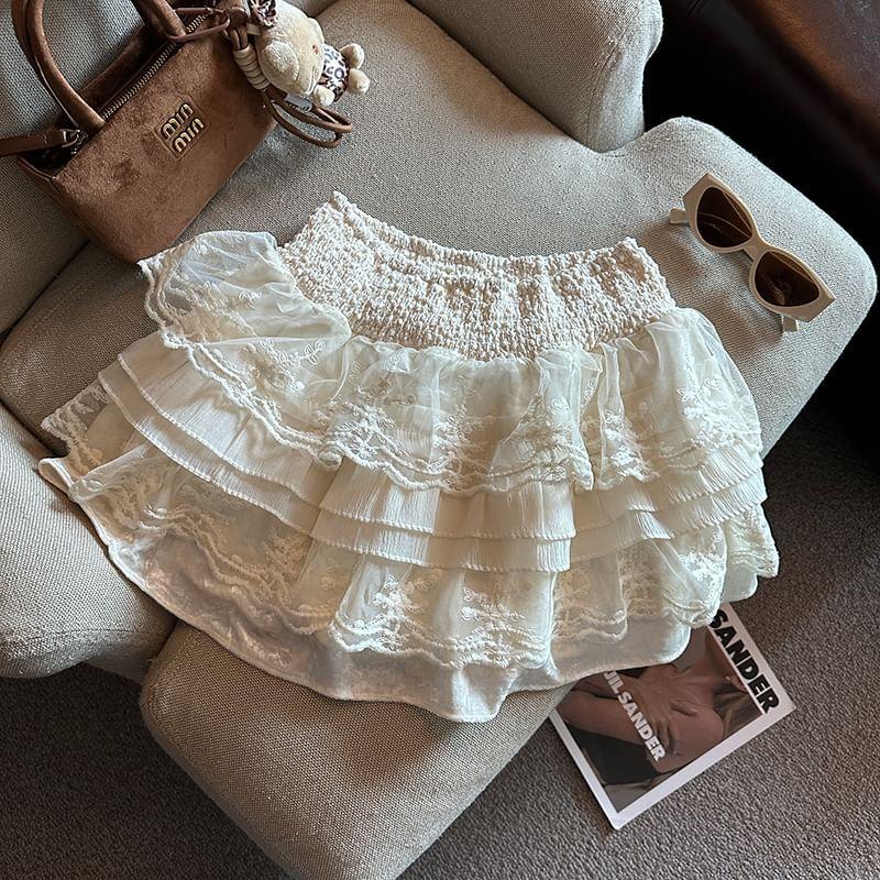 High Waist Plain Lace Panel Tiered Mini A-Line Skirt Product Image