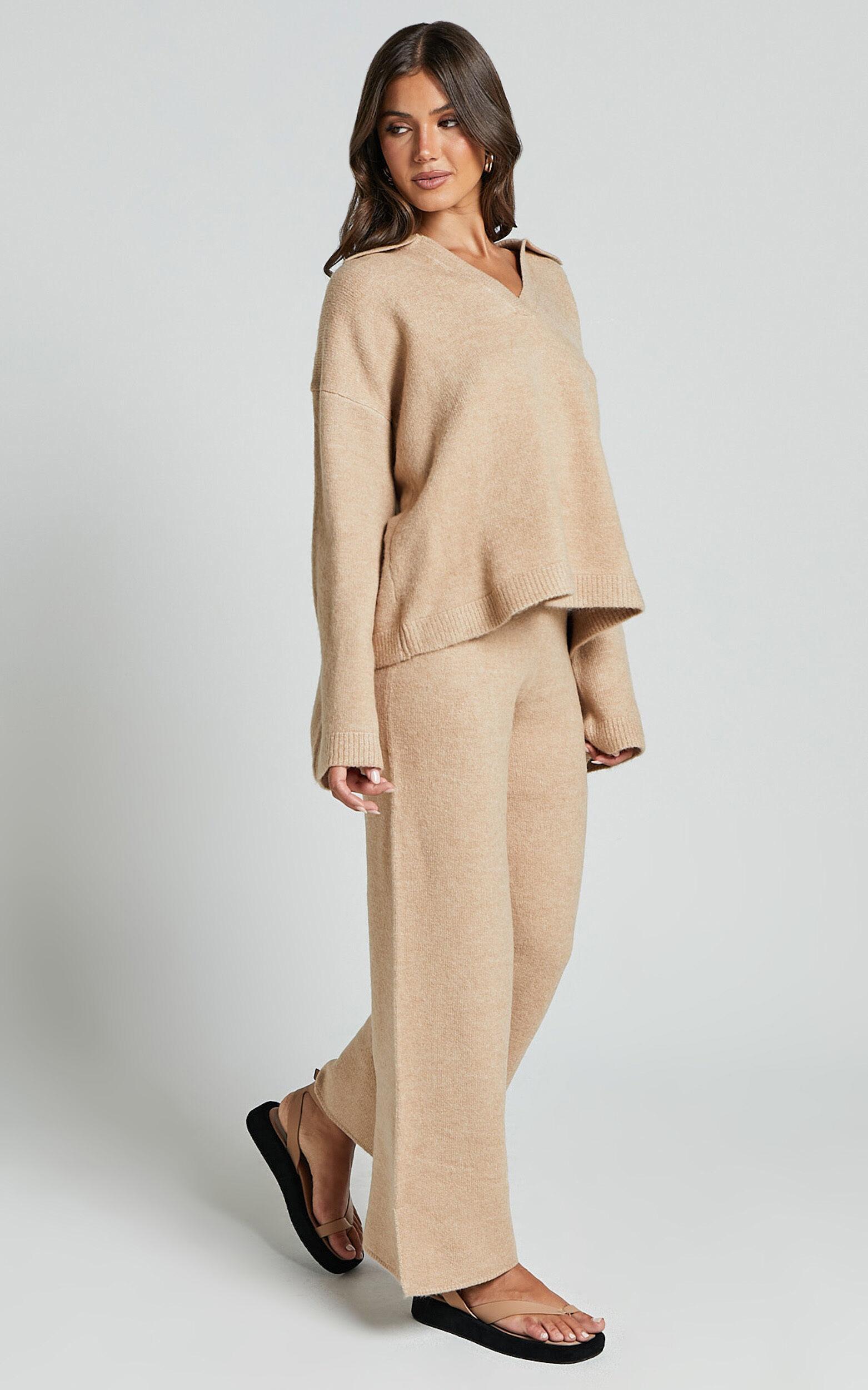 Livia Pants - Knitted High Waisted Side Split Pants in Beige Marl Product Image