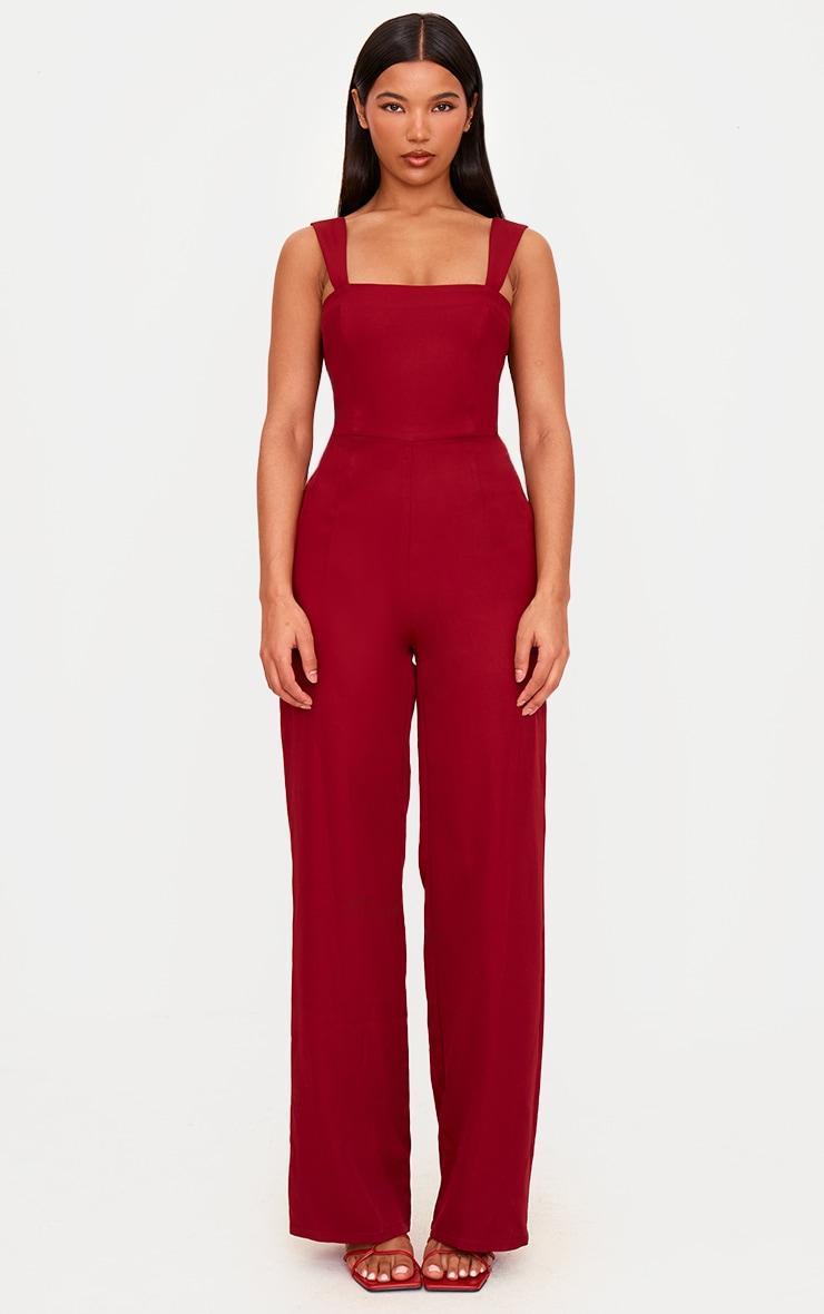 Burgundy Woven Cut Out Bow Detail Jumpsuit Product Image