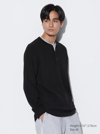 Mens Waffle Henley Neck T-Shirt Long-Sleeve Black 2XS UNIQLO US Product Image