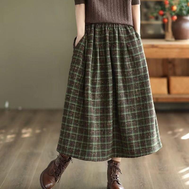 High Waist Plaid Midi A-Line Skirt Product Image