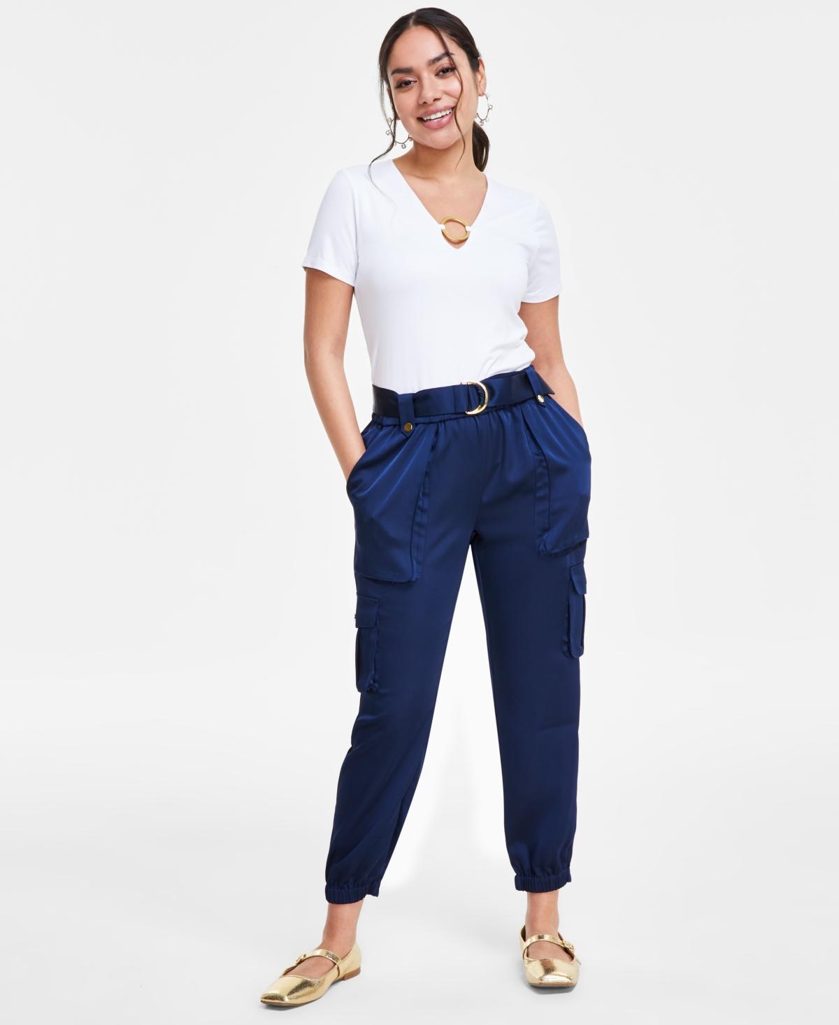 I.n.c. International Concepts Womens High-Rise Belted Satin Cargo Pants, Regular & Petite, Created for Macys Product Image