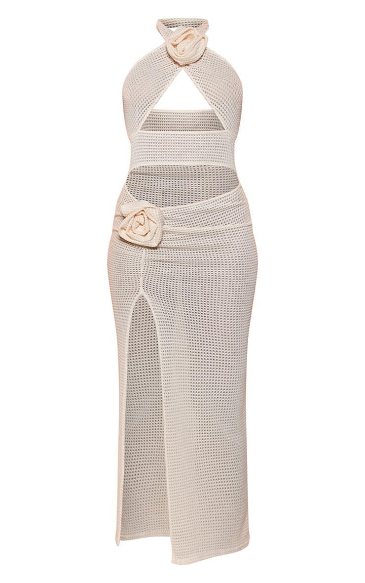 Cream Rose Detail Halterneck Knit Midi Dress Product Image