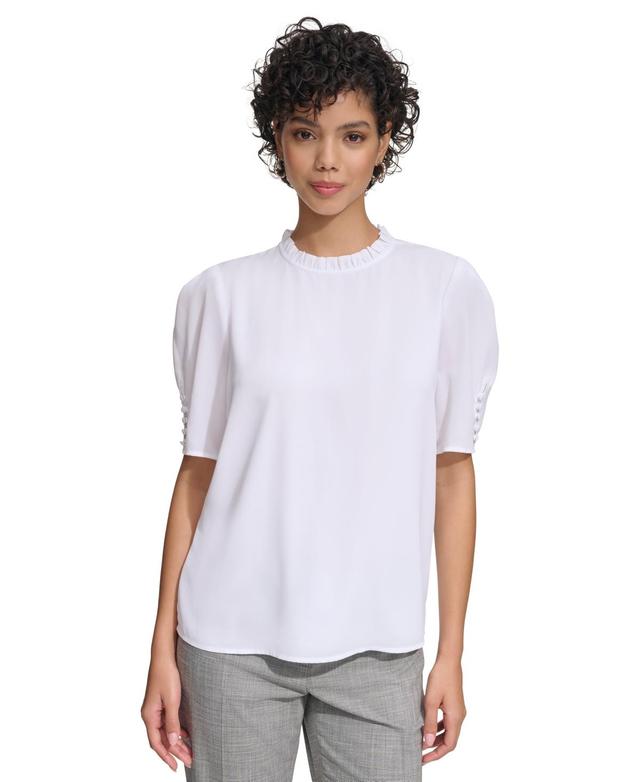 Calvin Klein Womens Pleated Collar Puff-Sleeve Top Product Image