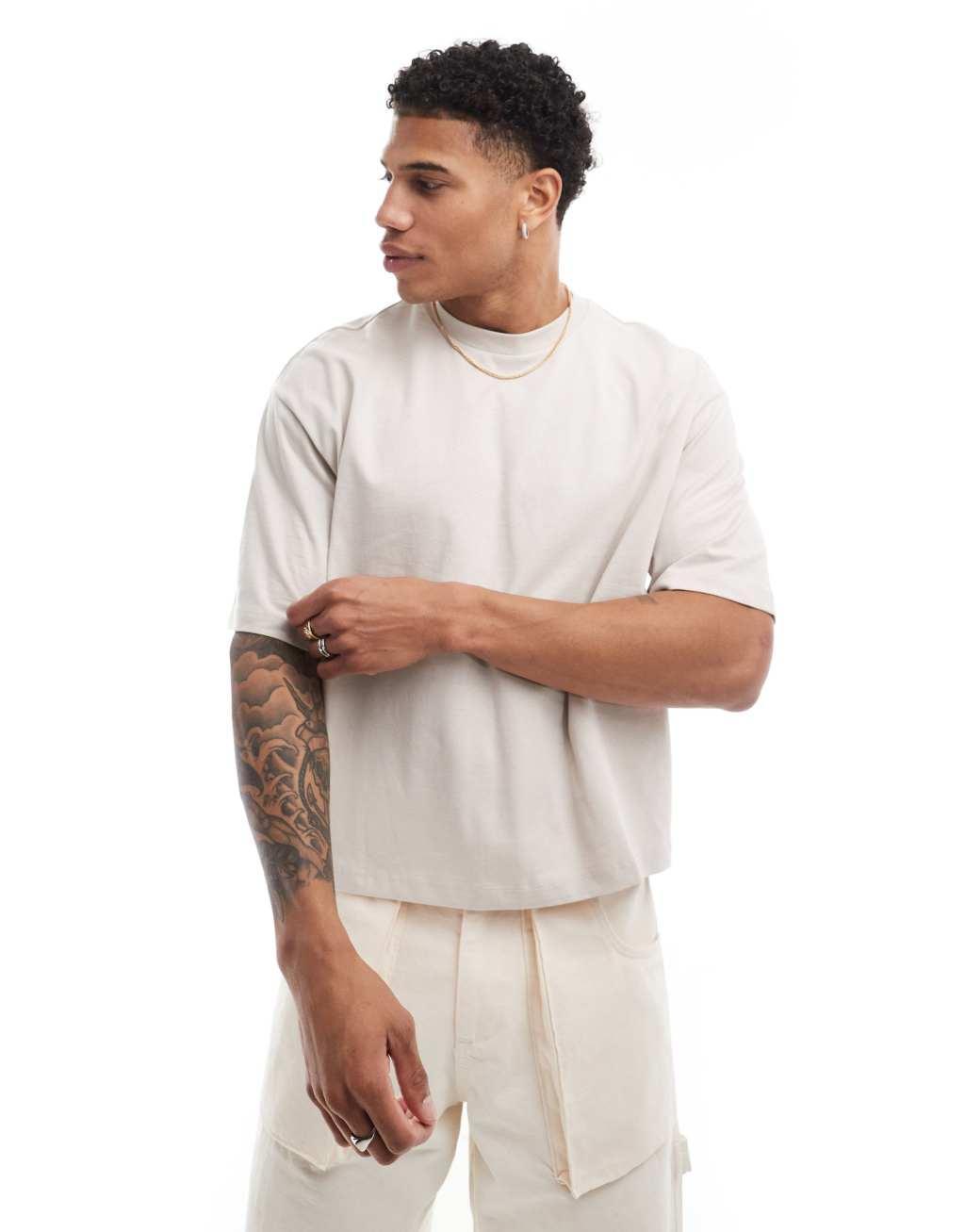 Bershka boxy fit T-shirt in beige Product Image