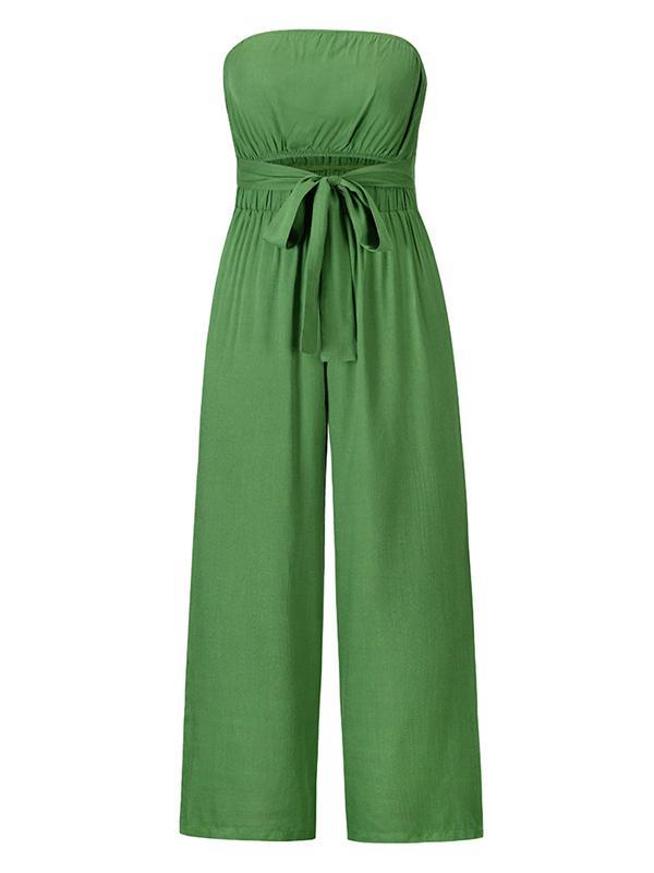 Original Cold Shoulder Tied Solid Color Straight Leg Jumpsuits Product Image