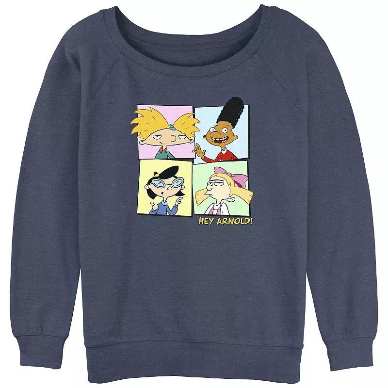 Juniors Hey Arnold! Arnold Gerald Phoebe And Helga Square Portraits Slouchy Terry Graphic Pullover, Womens Blue Grey Product Image