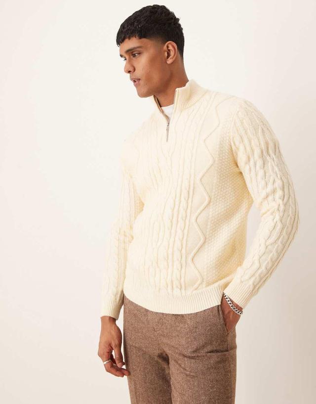 ASOS DESIGN heavyweight cable knit quarter zip sweater in cream Product Image