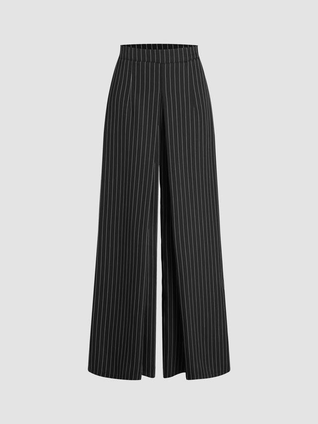 Mid Waist Striped Pleated Wide Leg Trousers Product Image