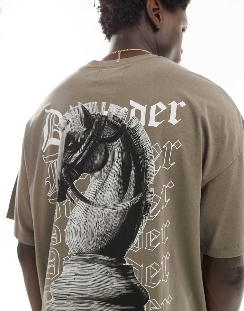 ADPT oversized T-shirt with chess back print in washed brown Product Image