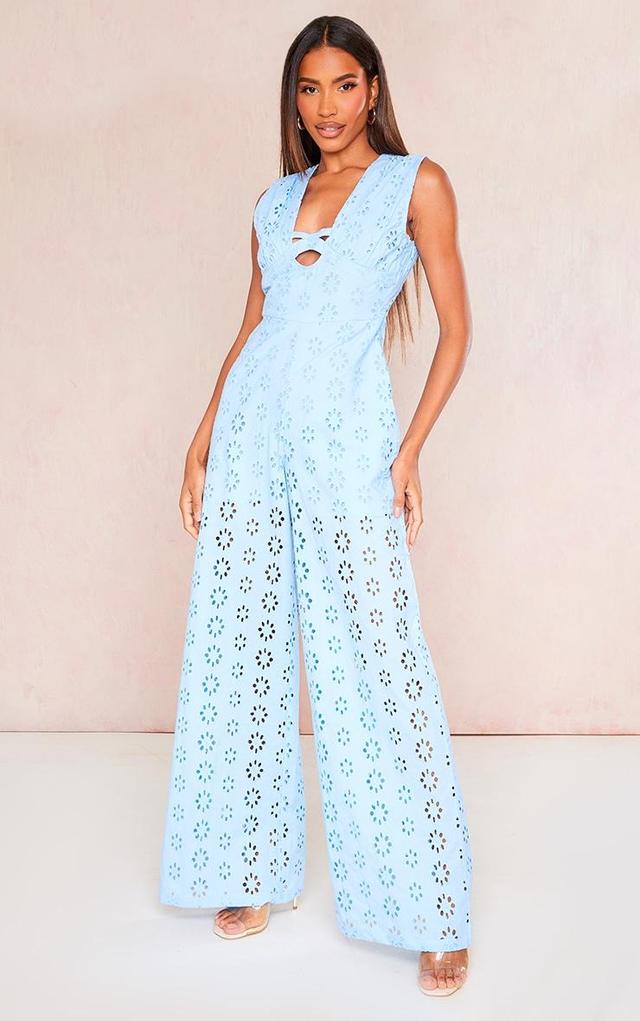 Blue Broderie Anglaise Tie Bust Sleeveless Jumpsuit Product Image