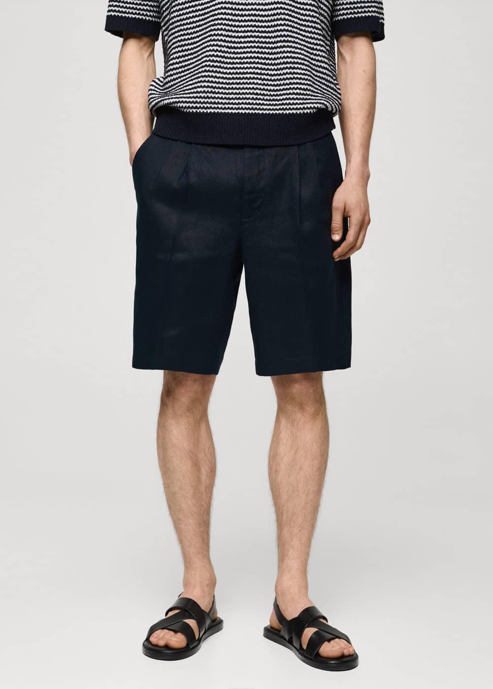 MANGO MAN - 100% linen bermuda shorts with darts dark navyMen Product Image