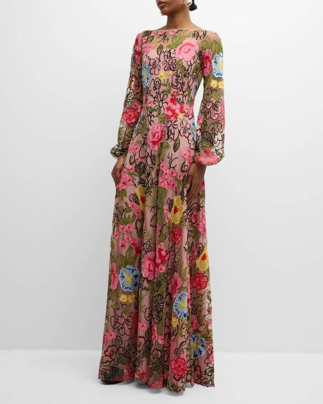 Floral Embroidered Long-Sleeve Gown Product Image