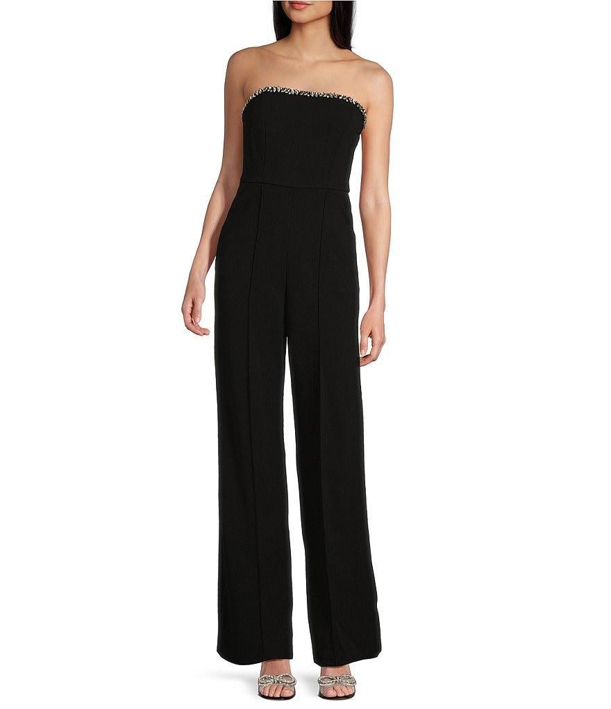 Honey and Rosie Strapless Elegant Rhinestone Edged Front Neckline Jumpsuit Product Image